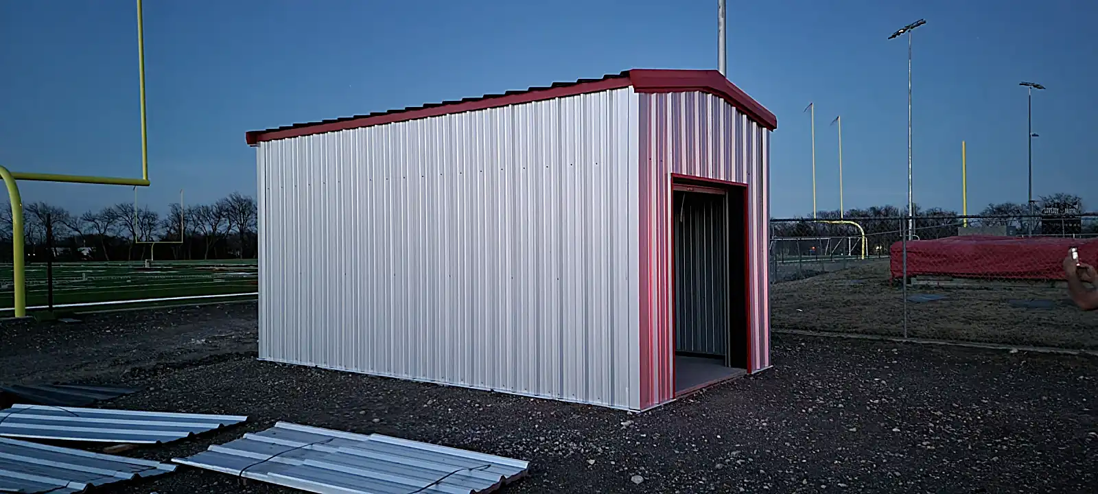 Completed small metal storage building