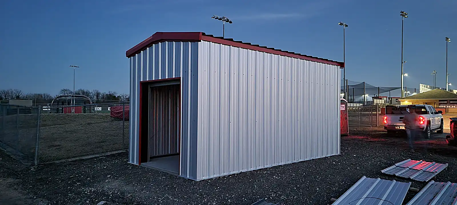 Finished metal building near football field