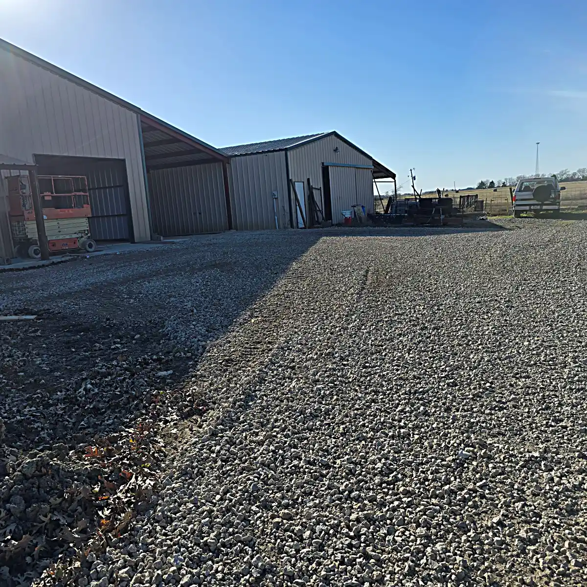 Exterior profile showing metal building and covered side