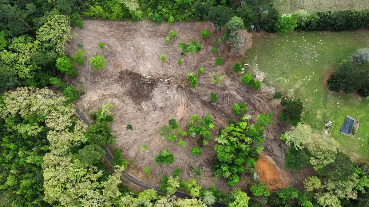 Drone overview of cleared, graded land ready for use in Mineola, TX
