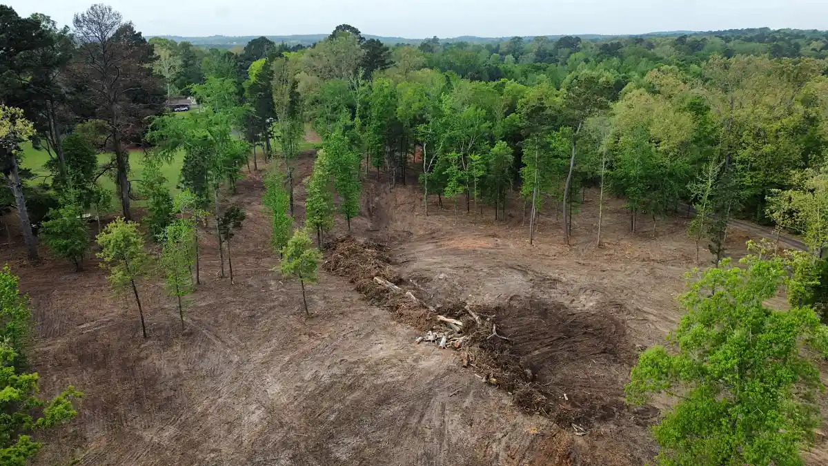Final aerial of a clean, build-ready lot after land clearing in Mineola, TX
