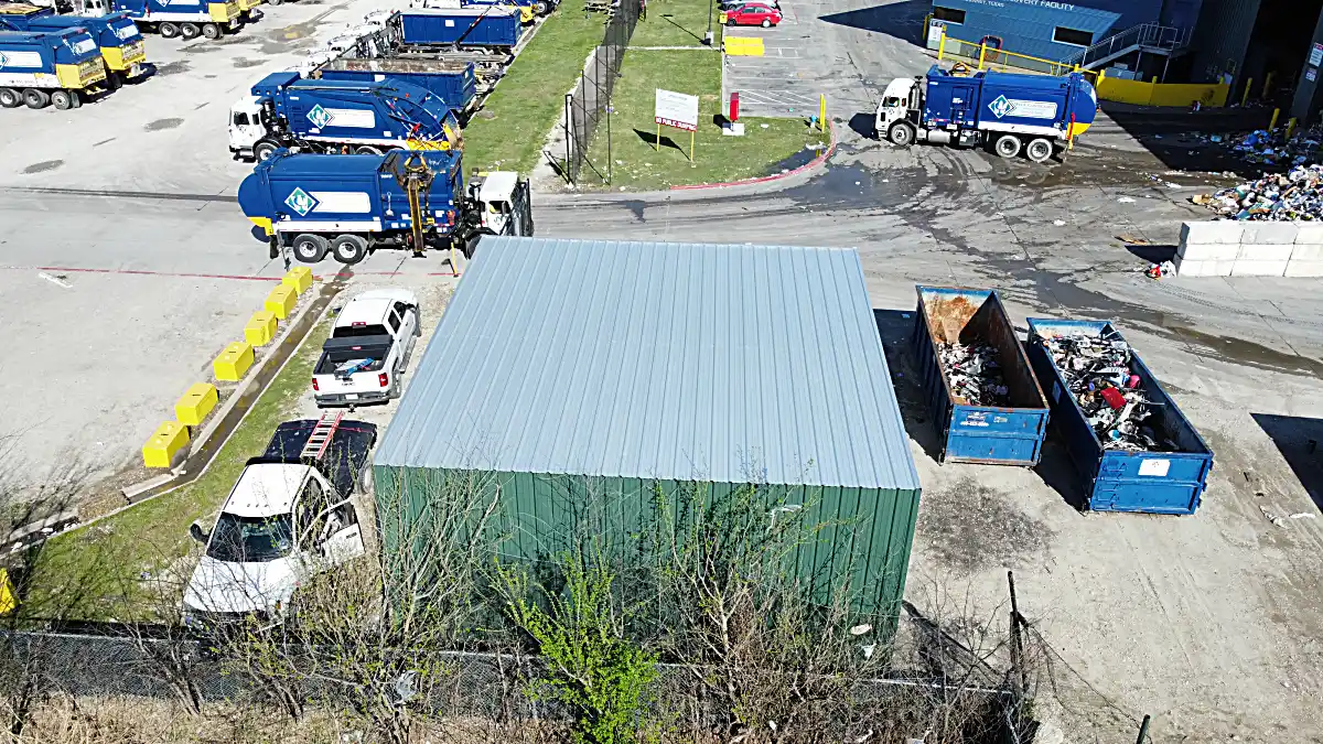Completed exterior structure showing bay doors