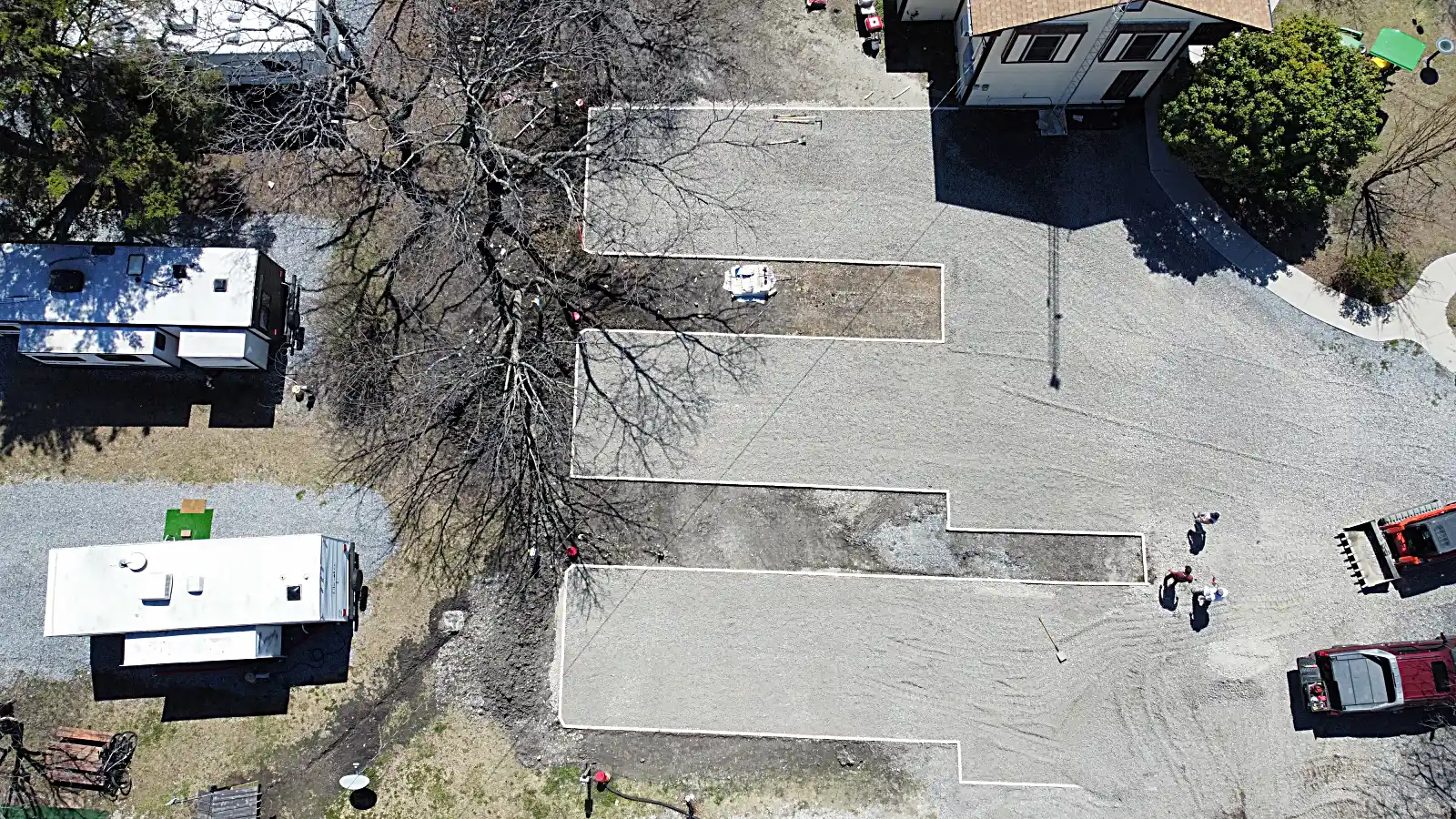 Drone overview of newly graded commercial RV park spaces