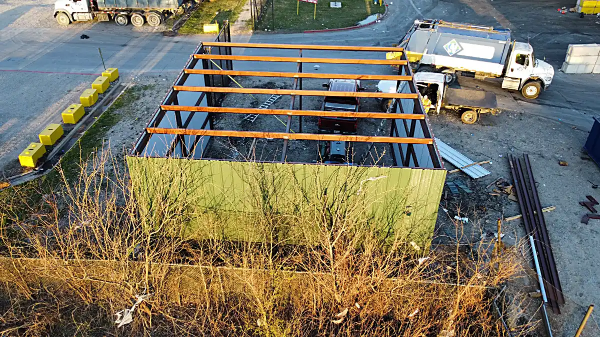 Aerial perspective of structural steel framing