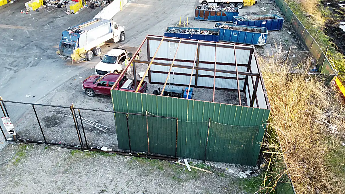 Drone view of metal building construction progress