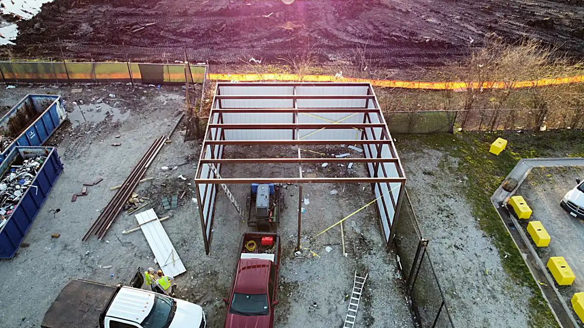 Steel frame structure prior to exterior sheeting