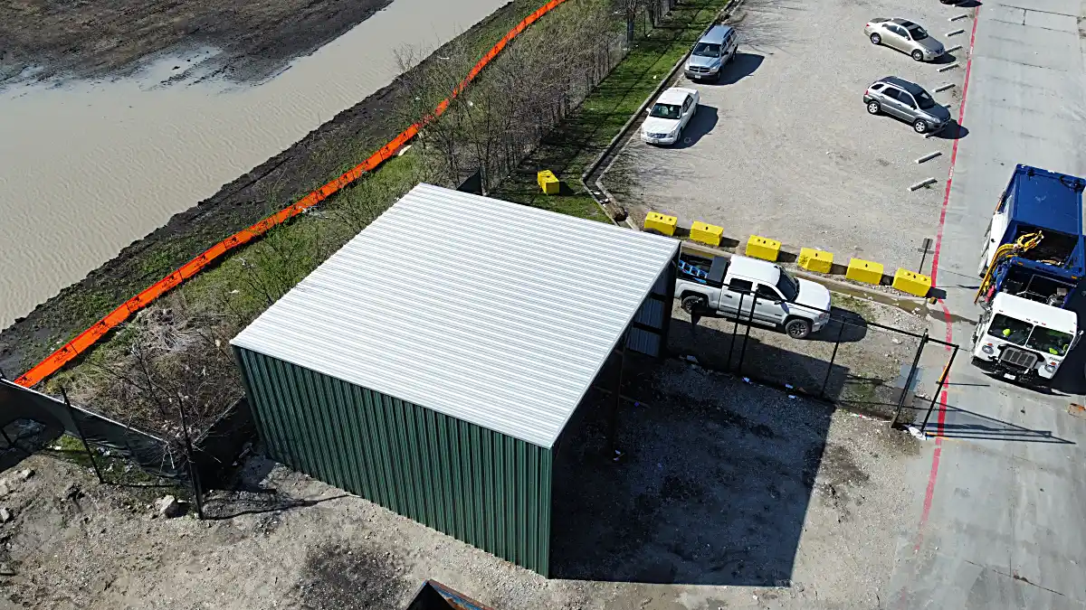 Bird's-eye view of installed green metal roof