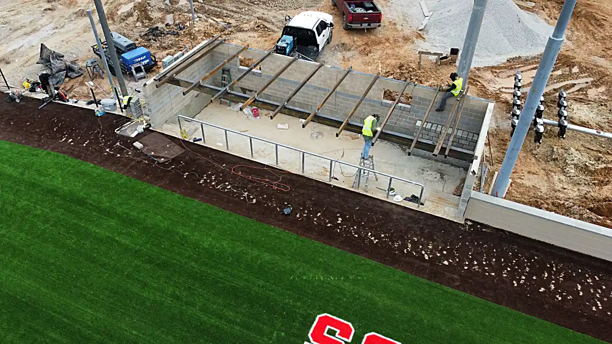 Steel frame athletic dugout construction top view