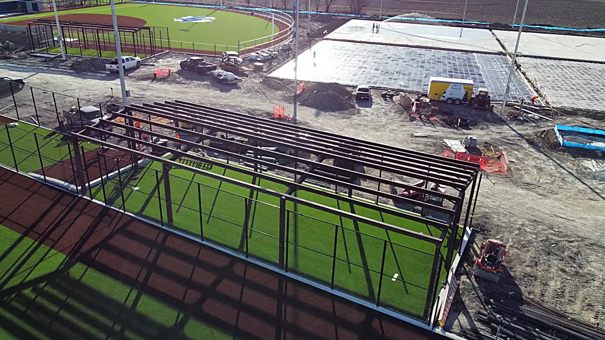 Baseball field dugouts aerial overview