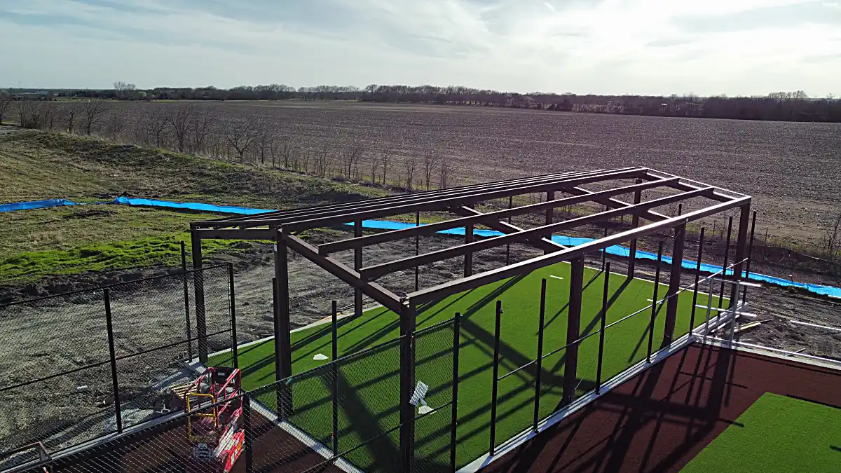 Final overhead drone pan of sports complex